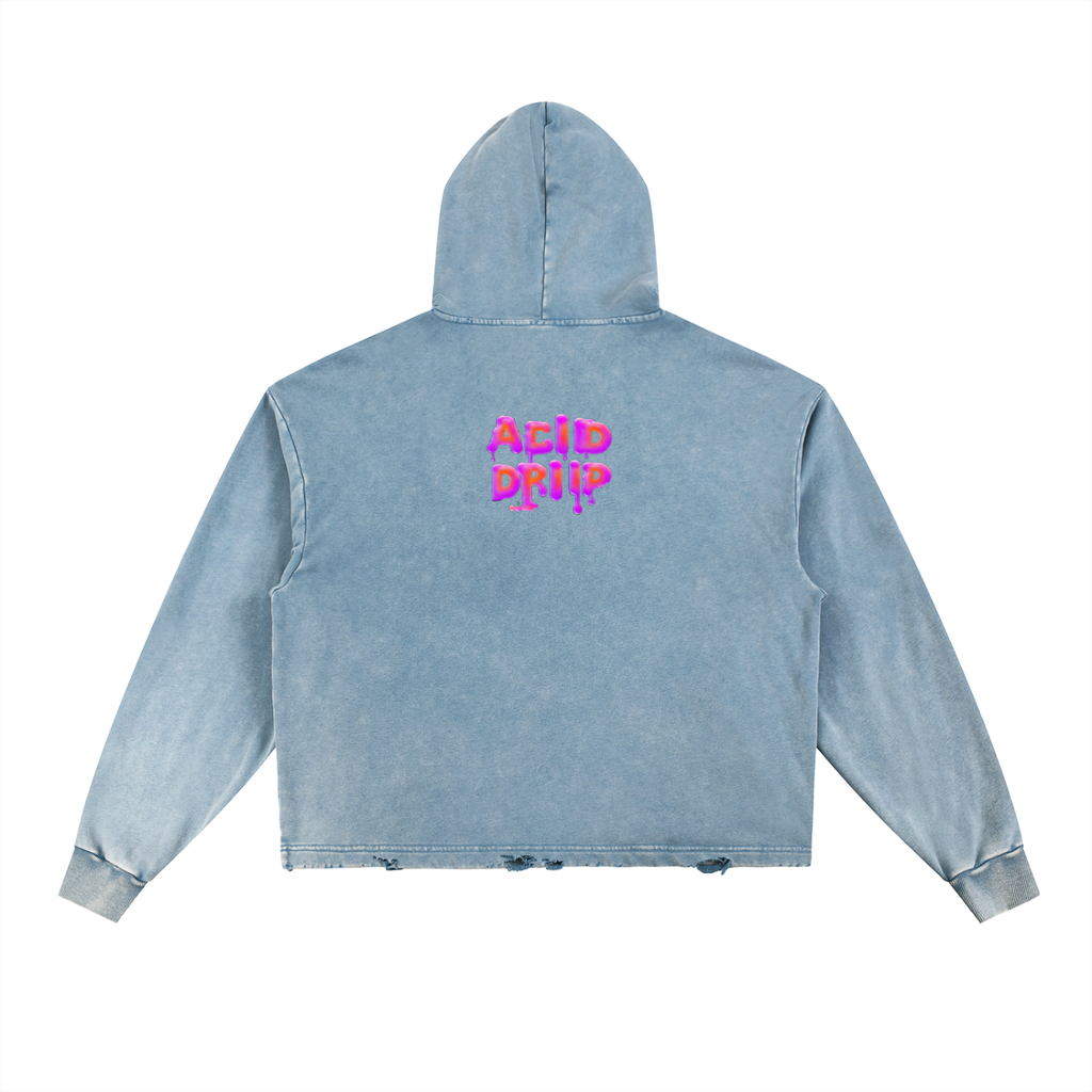 Acid Driip Core Vintage Washed Frayed-Hem Hoodie
