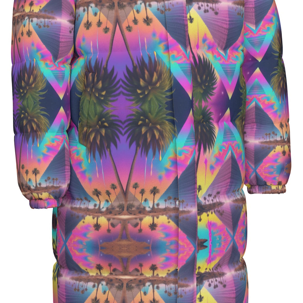 Unisex Long Down Jacket in Trippy Pyramid