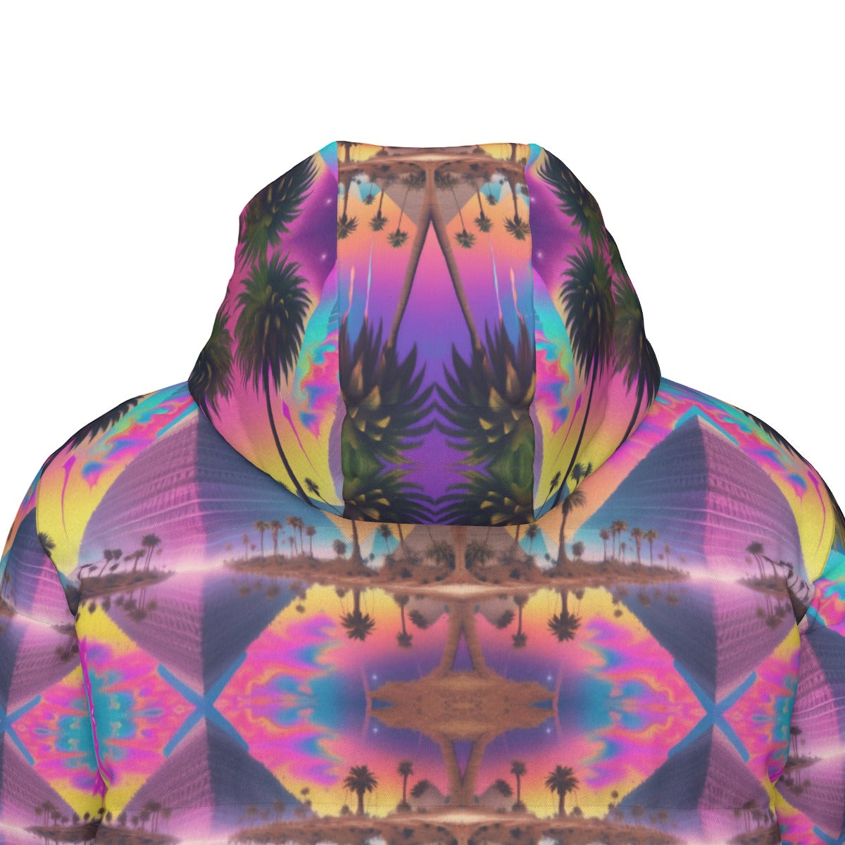 Unisex Long Down Jacket in Trippy Pyramid