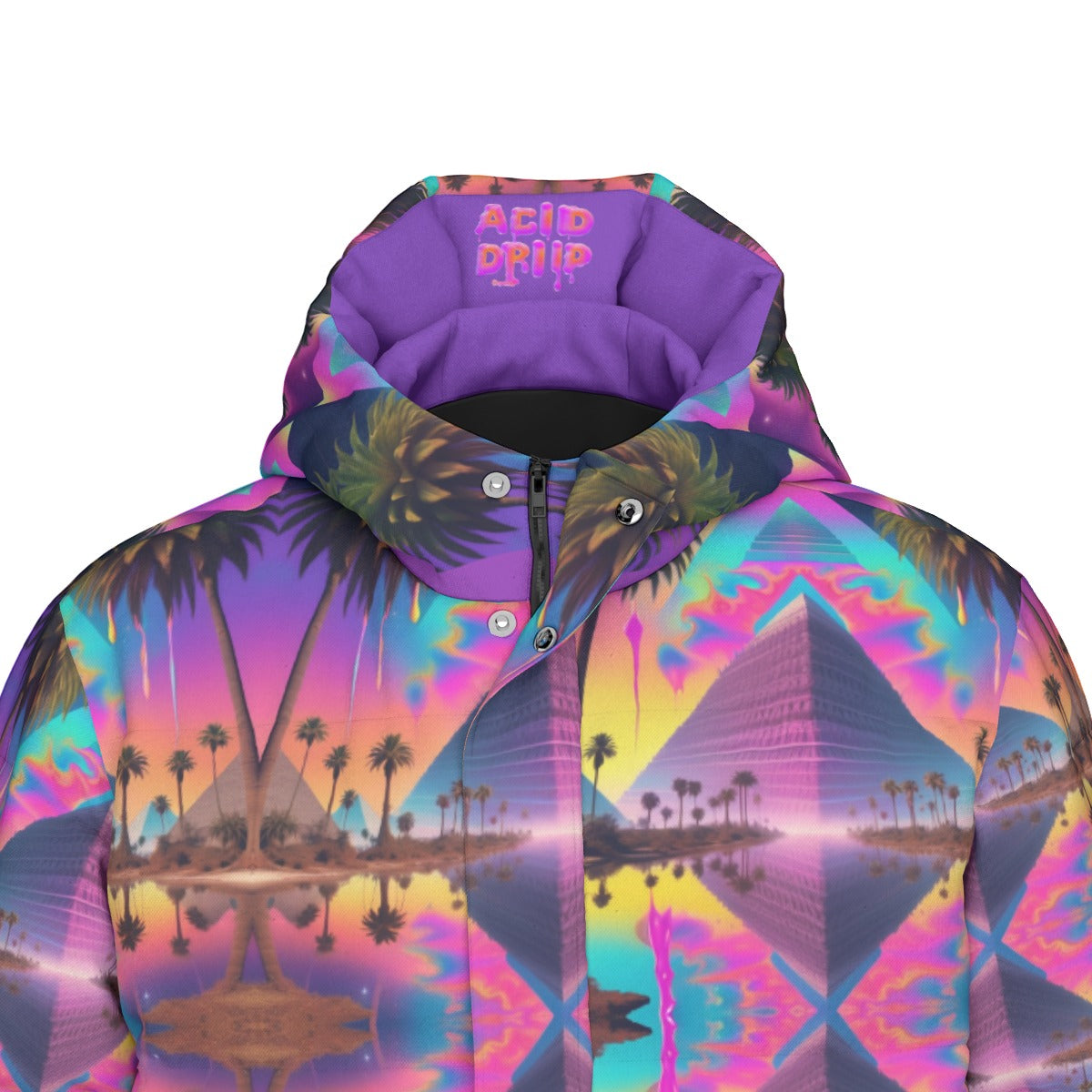 Unisex Long Down Jacket in Trippy Pyramid