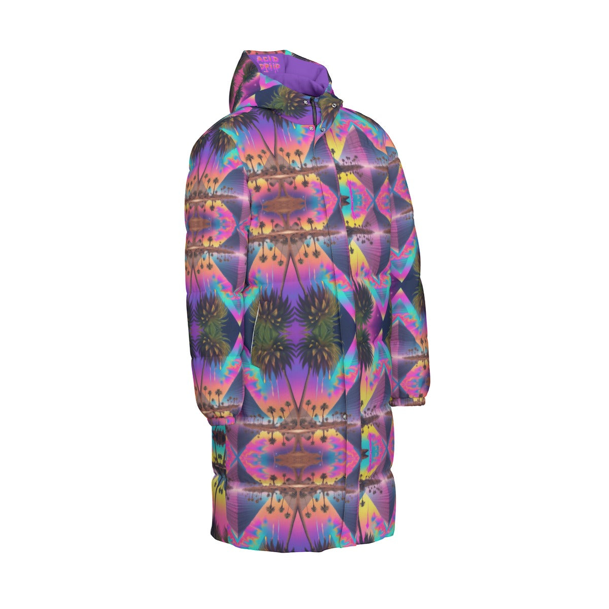 Unisex Long Down Jacket in Trippy Pyramid