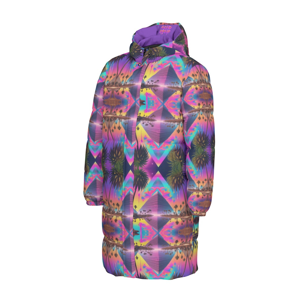 Unisex Long Down Jacket in Trippy Pyramid