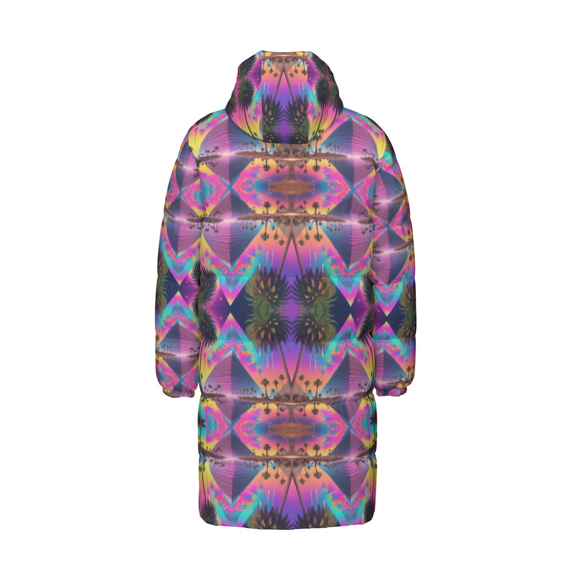 Unisex Long Down Jacket in Trippy Pyramid
