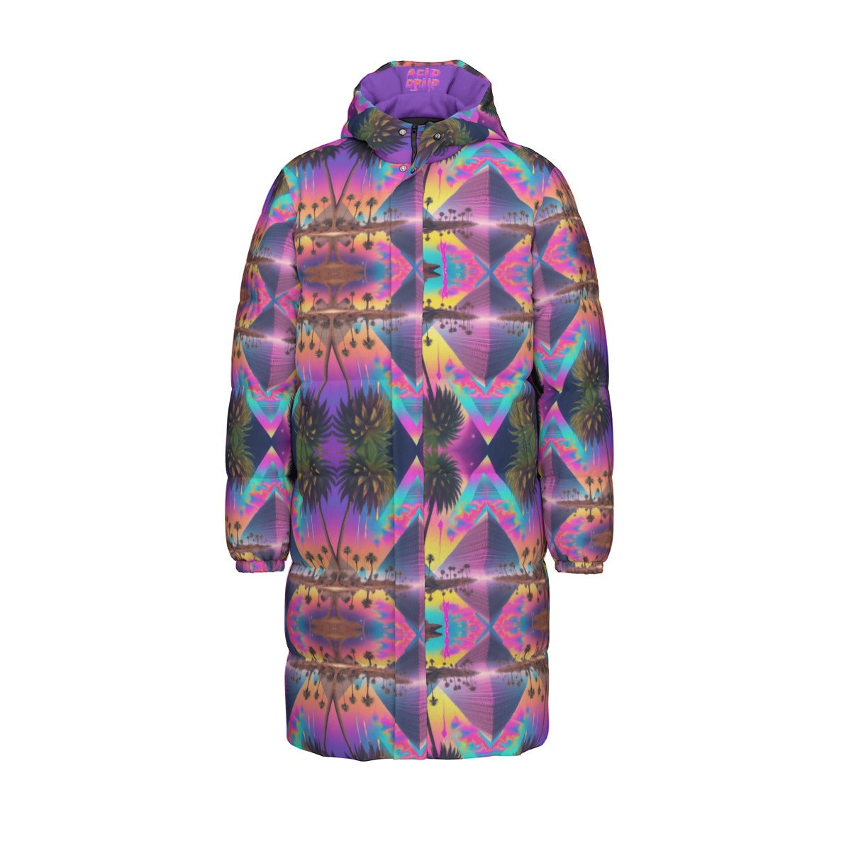 Unisex Long Down Jacket in Trippy Pyramid