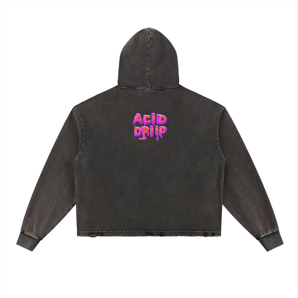 Acid Driip Core Vintage Washed Frayed-Hem Hoodie